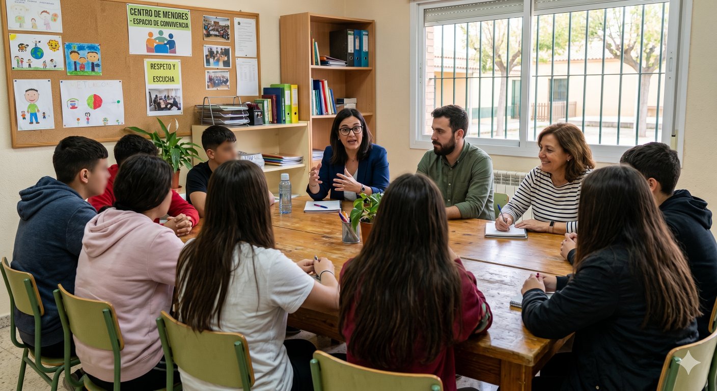 Profesional de trabajo social facilitando un espacio de expresión y participación activa para menores